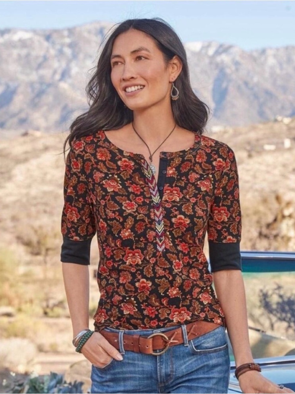 Sundance Cordelia Bloom Orange Half Sleeve Thermal Henley Top